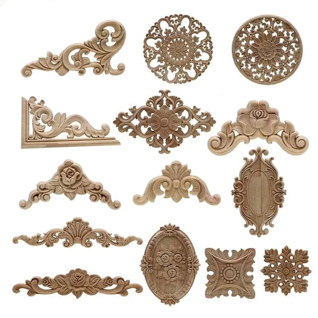 Carved Wood Onlay Oak Solid Wood Carved Corner Applique Onlay Decorative Wood Appliques for Furniture Bed Door Home Door Decal